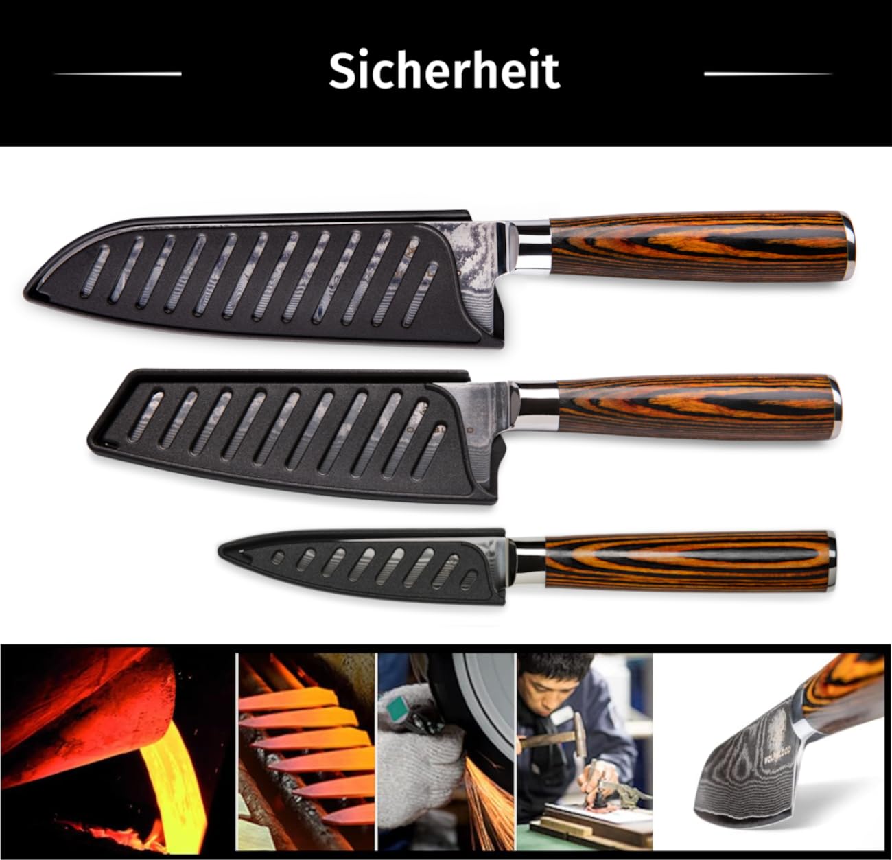 Wolfblood zestaw 3 noży Santoku ze stali damasceńskiej 67 warstw (30, 24 i 20 cm) | Profesjonalne noże kuchenne VG10 | Noże Santoku, nóż do obierania, pudełko na prezent i osłona ostrza