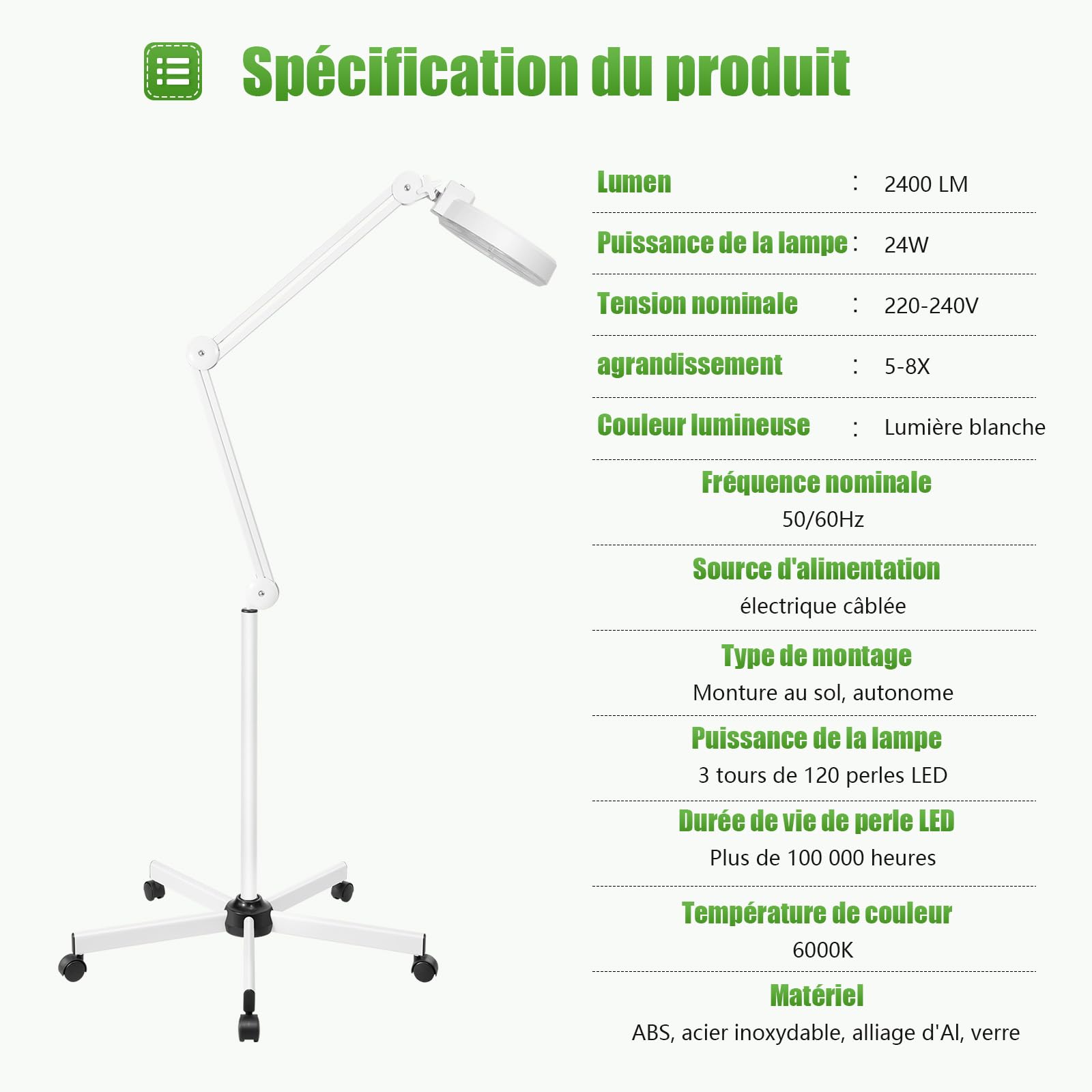 22W LED Lampe Loupe sur Pied Loupe Eclairante Lampe Esthetique Professionnel 5 Dioptres Lampe à Bras Pivotant Réglabl pour Salon de Beauté, Coiffure，Dentiste