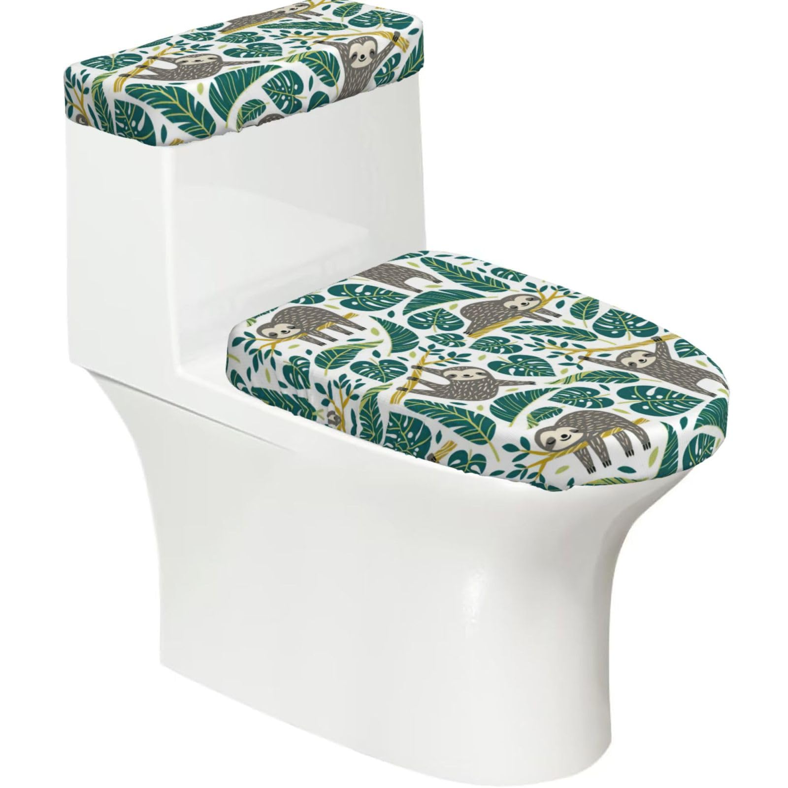 Adorable Sloth Print 2-Piece Stretch Toilet Cover Set, Elastic Breathable Toilet Seat and Tank Lid Protector