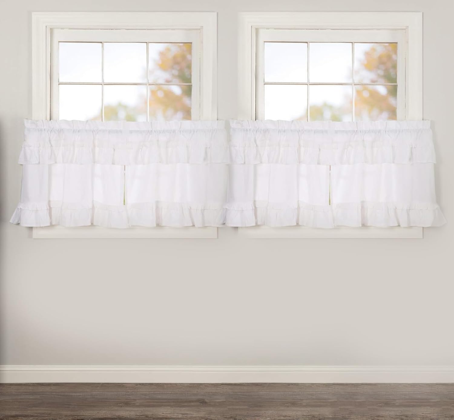 VHC Brands 4 Pieces Muslin Ruffled Bleached White Tier Curtains (4 Panels, L24xW36)