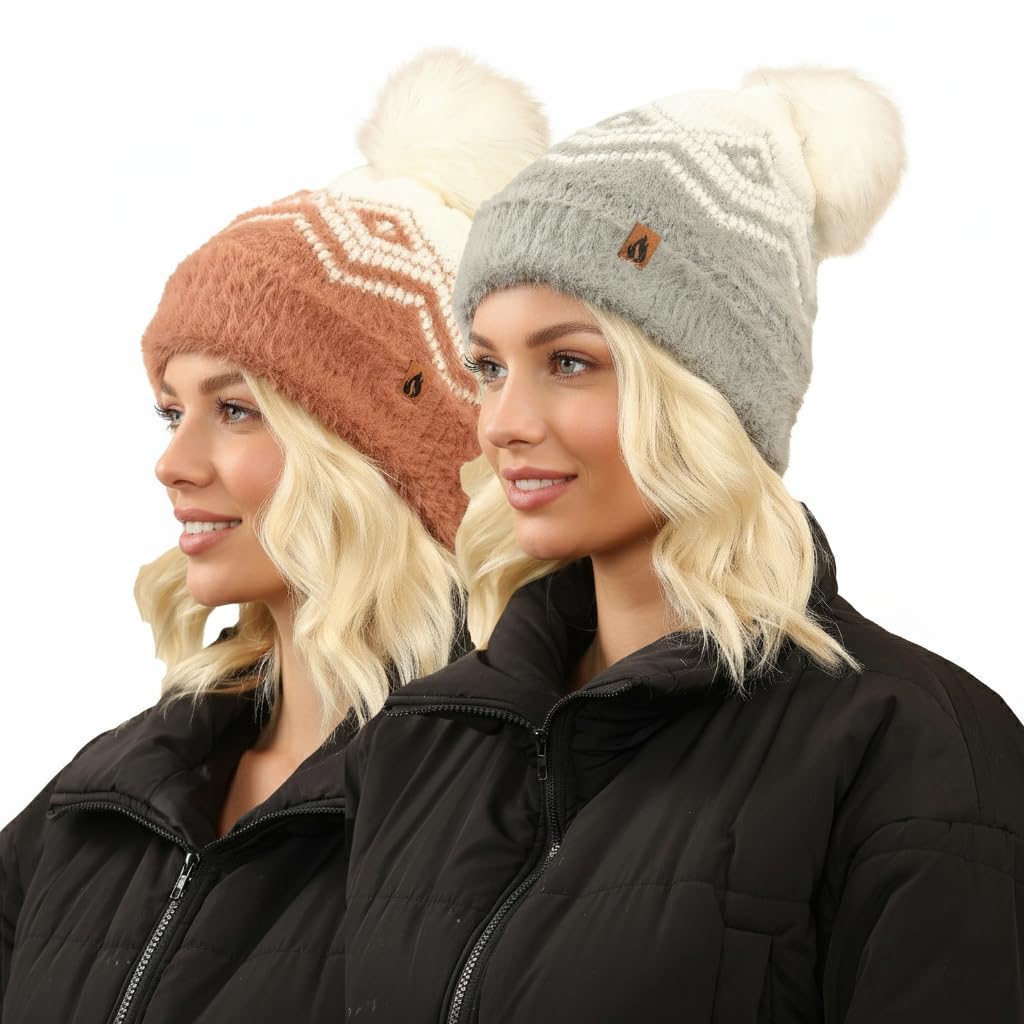 A2z Women's 2 Pack Fluffy Knit Bobble Beanie Hats 2-Pack Faux Fur Pom Pom Soft Stretchy Winter Warm Cozy Caps