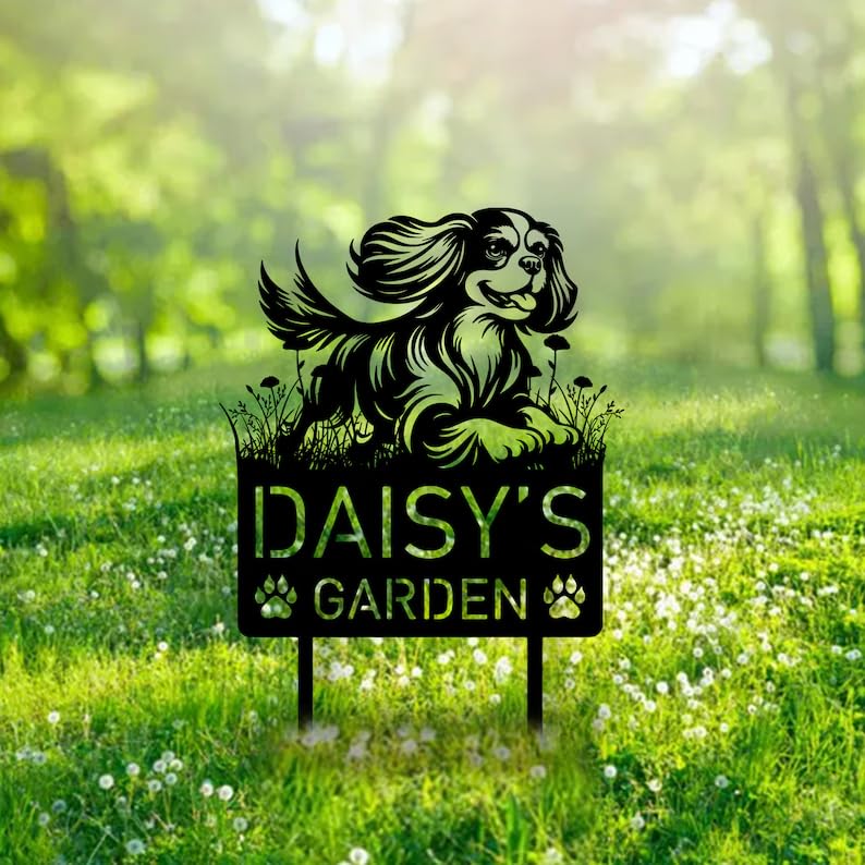 Personalised Cavalier King Charles Spaniel Dog Garden Sign, Custom Metal Name Sign, Outdoor Garden Ornament, Pet Memorial Plaque, Cavalier Gifts, Dog Statue, Puppy Silhouette Yard Decor