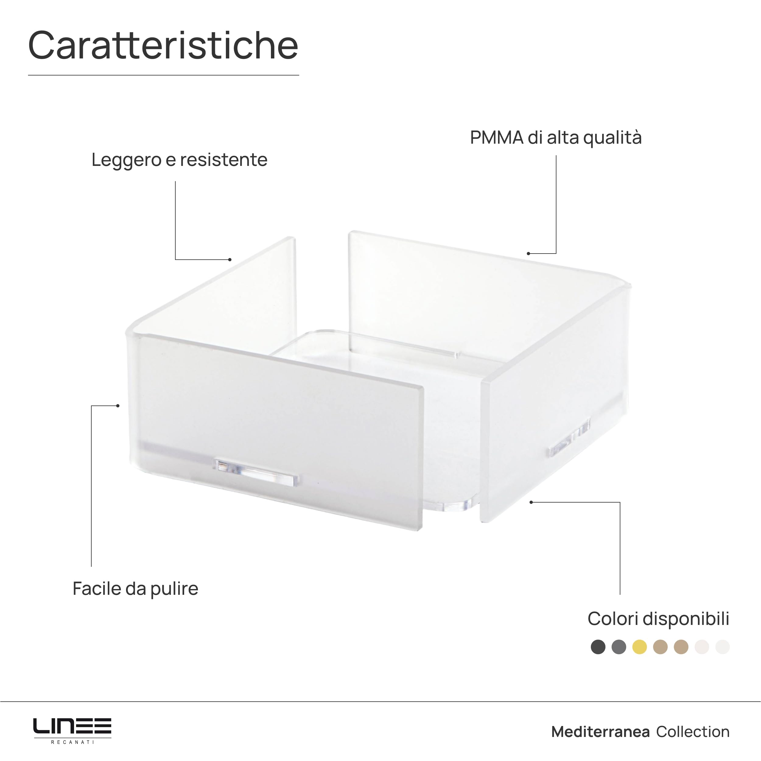 LINEE Recanati MEDITERRANEA Porta Tovaglioli Orizzontale in PMMA 20x20x8 cm – Accessorio da Tavola Moderno – Design Elegante Made in Italy (Trasparente Satinato)