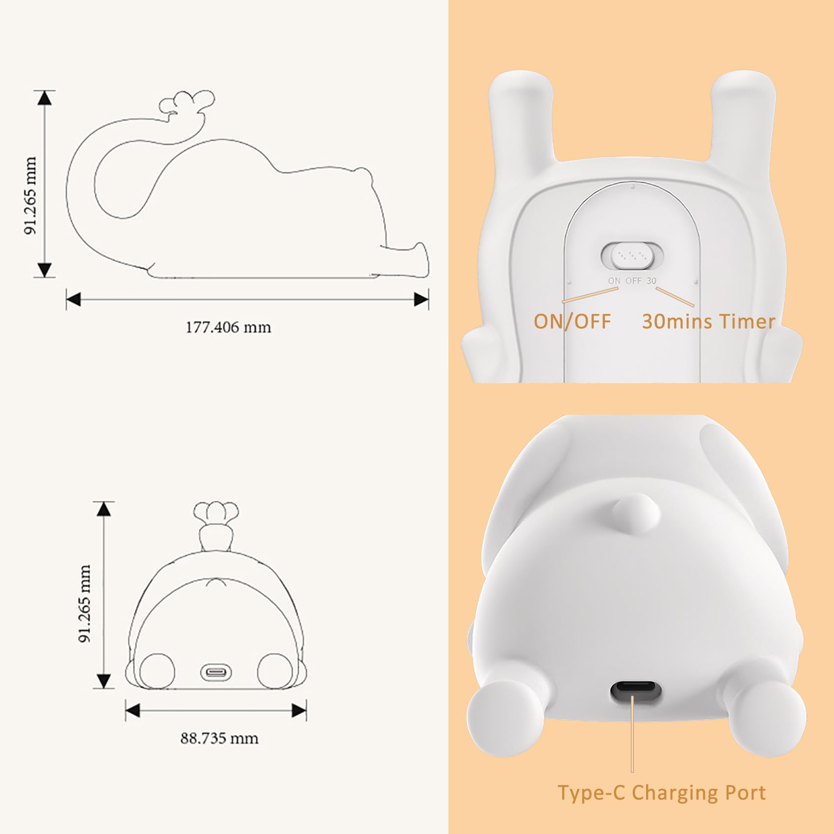 Luz Nocturna Infantil Elefante con Temporizador Recargable Luz de Noche Bebé Brillo Ajustable Lámpara Bebé Nochede de Silicona para Niñas Niños (2 Pieza)