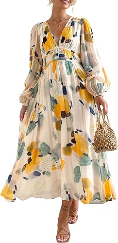 Sissyaki Vestido Maxi Floral Bohemio de Manga Larga para Mujer Vestido de Invitada de Boda de Verano Otoño