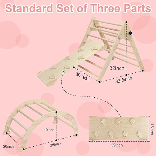 Miniatura 10 de EDOSTORY Juego de triángulos Pikler 5 en 1, parque infantil interior y gimnasio para niños, juego de escalada Montessori plegable de madera con