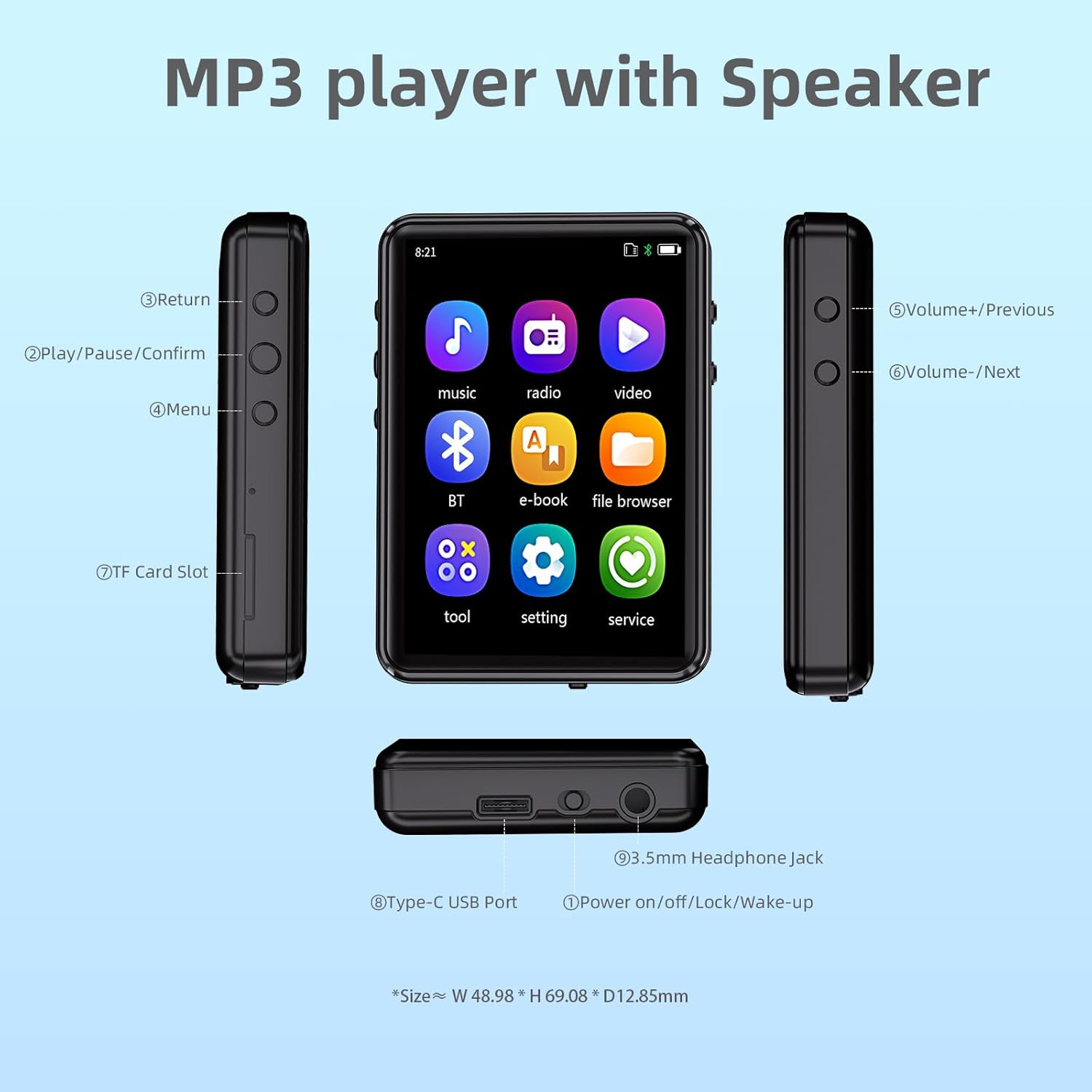 Diagram of Tengsen MP3 Player showing ports and buttons