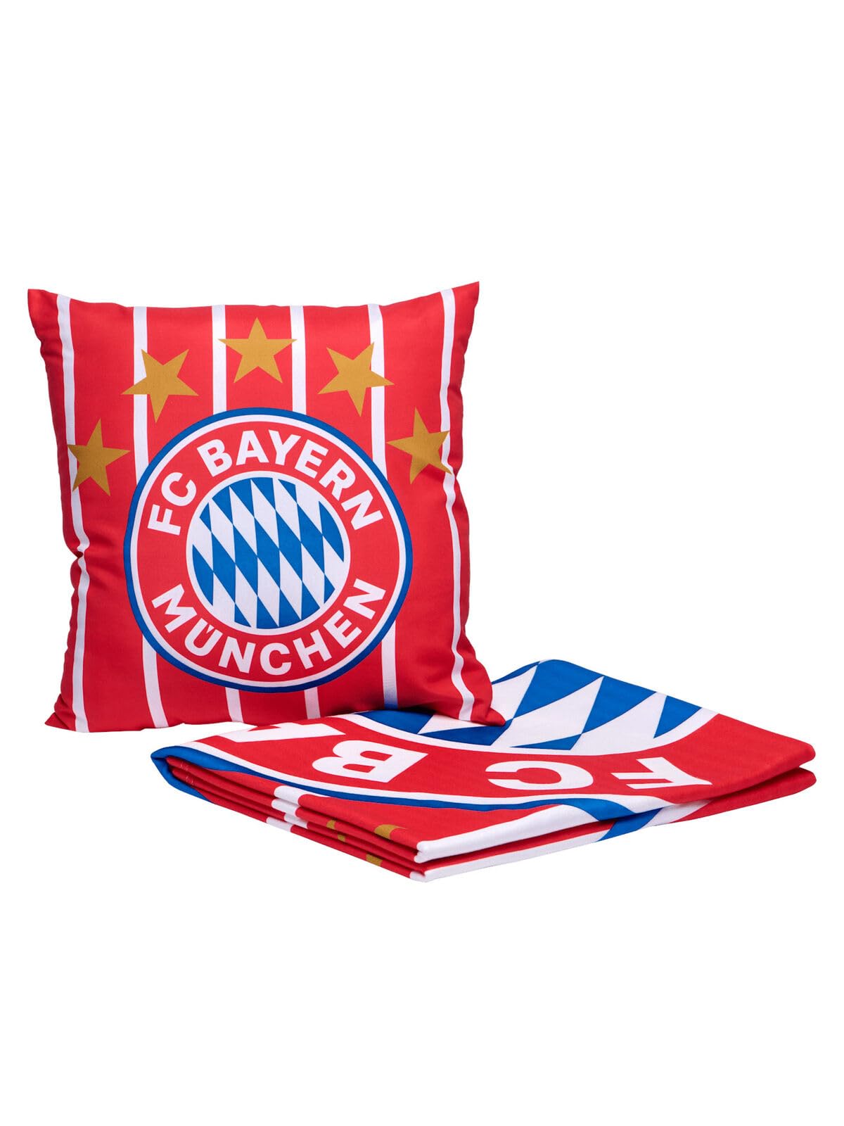 FC Bayern München Set I Decke und Kissen I Fleecedecke I Sofakissen I Decke 130 x 170 cm I Kissen 40 x 40