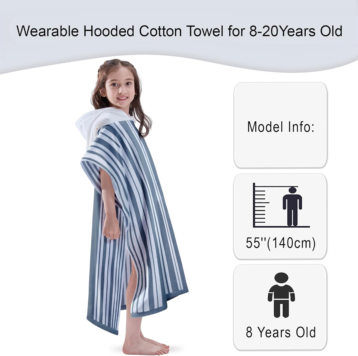 VOOVA & MOVAS Hooded Beach Towels for Boys| Girls | Teens (8-16Years), 100% Cotton Thick Poncho Towel Robe for Kids, Perfect for Pool, Beach, Bath and Gifts, Grey Cabana Stripe Design - Image 2