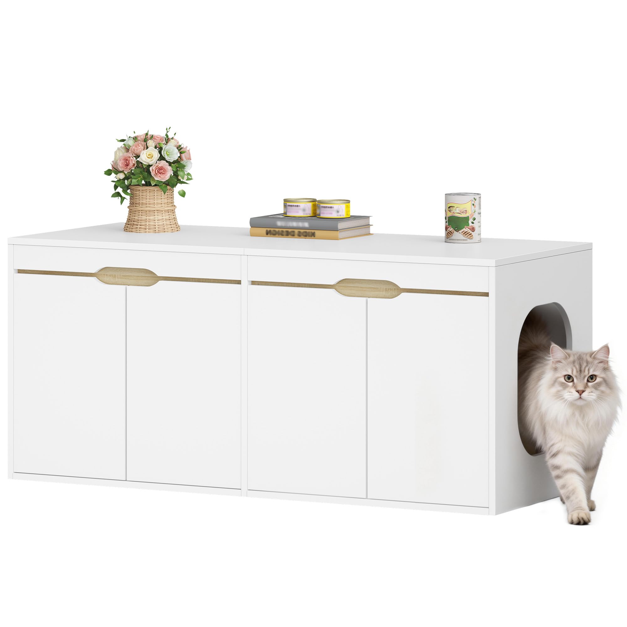 HEXCELEN Mueble Arenero 2 Gatos, Armario para Gatos, Oculto para Arenero con Puertas Dobles, Adecuada para Dormitorios, Salones, Armario de Almacenamiento, 120 x 50 x 53,4 cm, Roble Blanco y Blanco