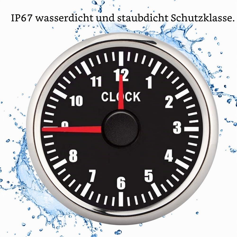 Zifferblatt Uhr Meter, Qiilu Auto Uhruhr Zifferblatt, 2 Zoll Universal 0-12 Stundenmesser Uhr Instrumententafel Anzeigen Anzeige Rote Hintergrundbeleuchtung 12V/24V für Auto Boot Yacht(schwarz)