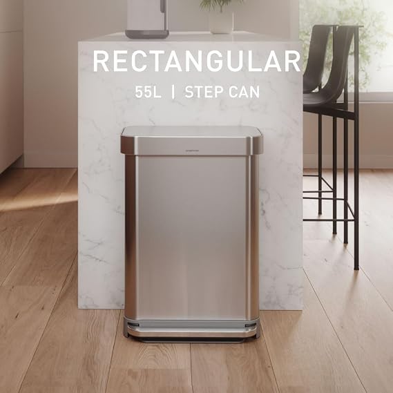 simplehuman Rectangular Step Can, 55L / 14.5 Gallon Kitchen Trash Can, Liner Rim System, Liner Pocket, 150,000-Step Pedal, Lid Shox Silent Close, Brushed Stainless Steel