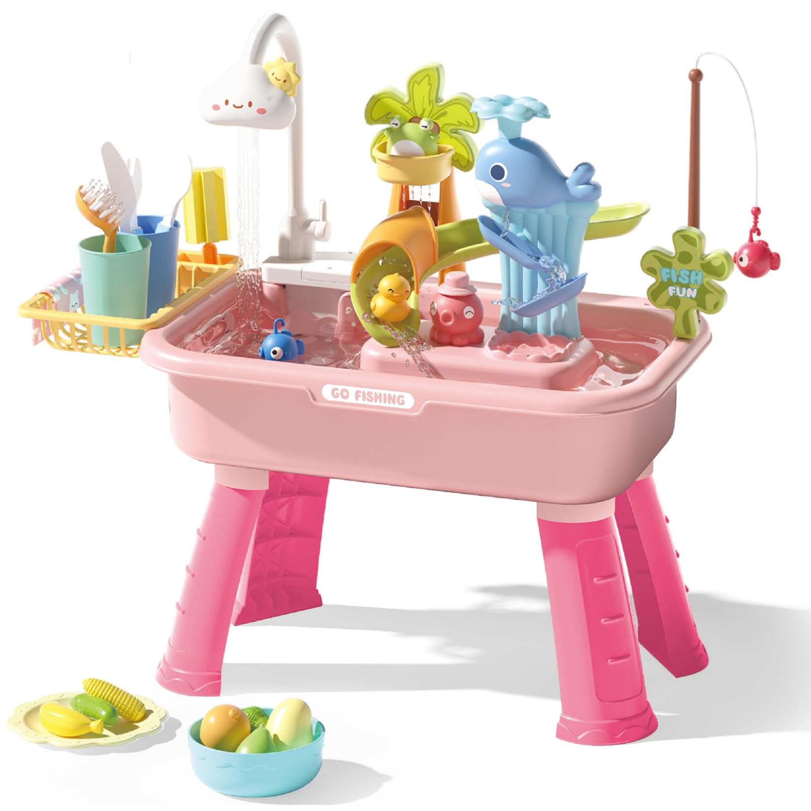 Huraoerrrr Water Table for Toddlers 1-3, Electric Play Sink with Running Water 180° Rotating Faucet Removable Legs for Kids Park Garden