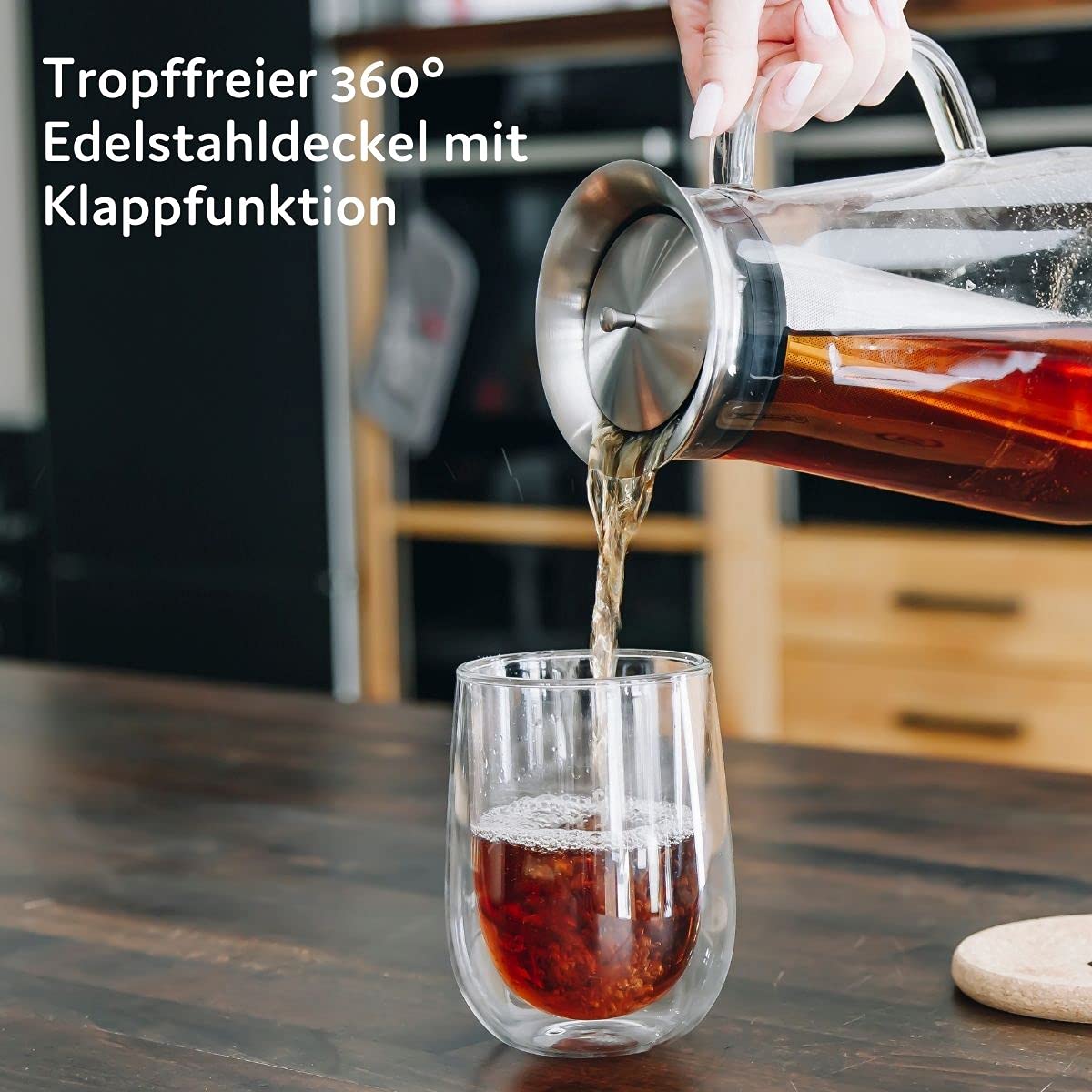 buntfink MultiPitcher zaparzacz do kawy 3 w 1 do Cold Brew Coffee | szklana karafka 1,5 l | karafka na wodę z pokrywką ze stali nierdzewnej | zaparzacz do kawy na zimno i herbaty | bez plastiku