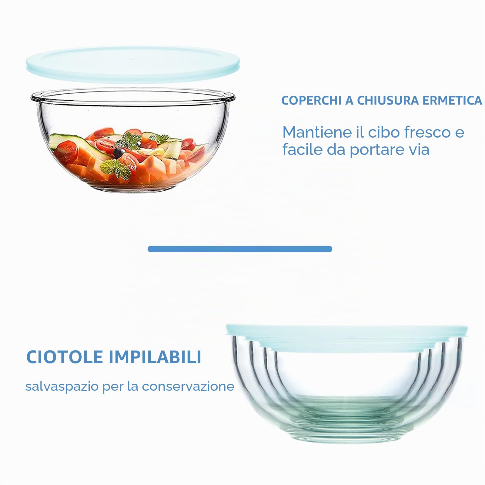 WhiteRhino Set di 4 ciotole in vetro con coperchi, resistenti al calore (3,5L, 2L, 1L, 0,5L), insalatiere trasparenti con coperchi senza BAP per cucina, forno a microonde e lavastoviglie