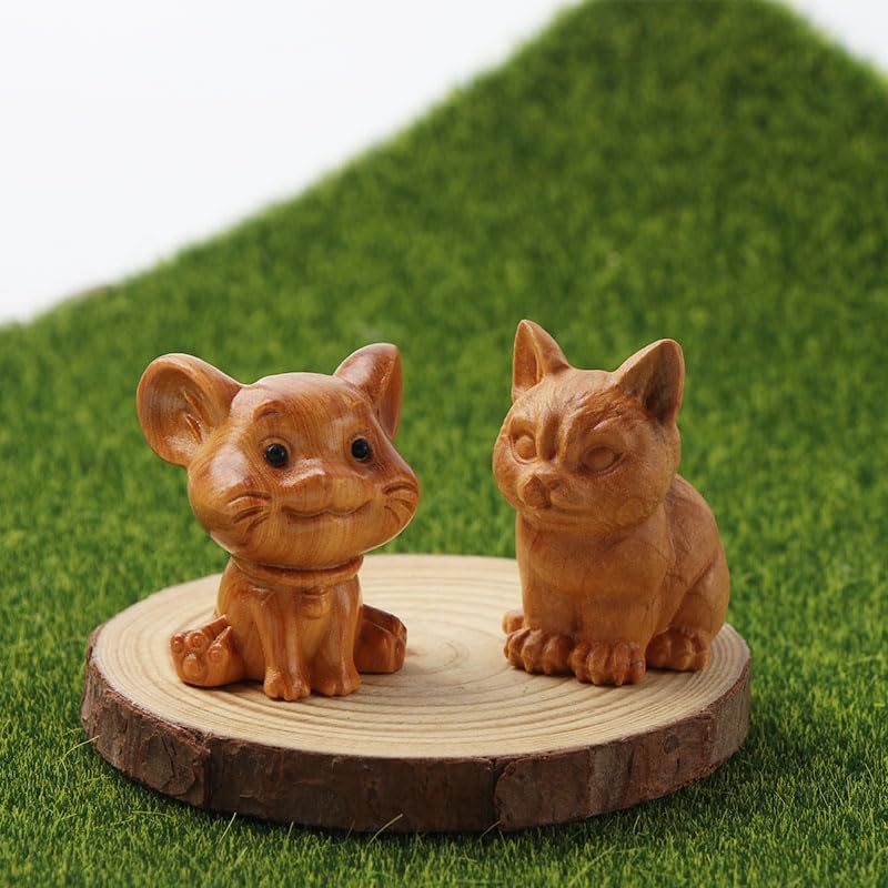 2Pcs Adorable Wooden Cat Figurine Ornaments and Sitting Cat Cute Cat Wood Carving Desktop Small Ornaments Tea Pet Accessory - Image 4