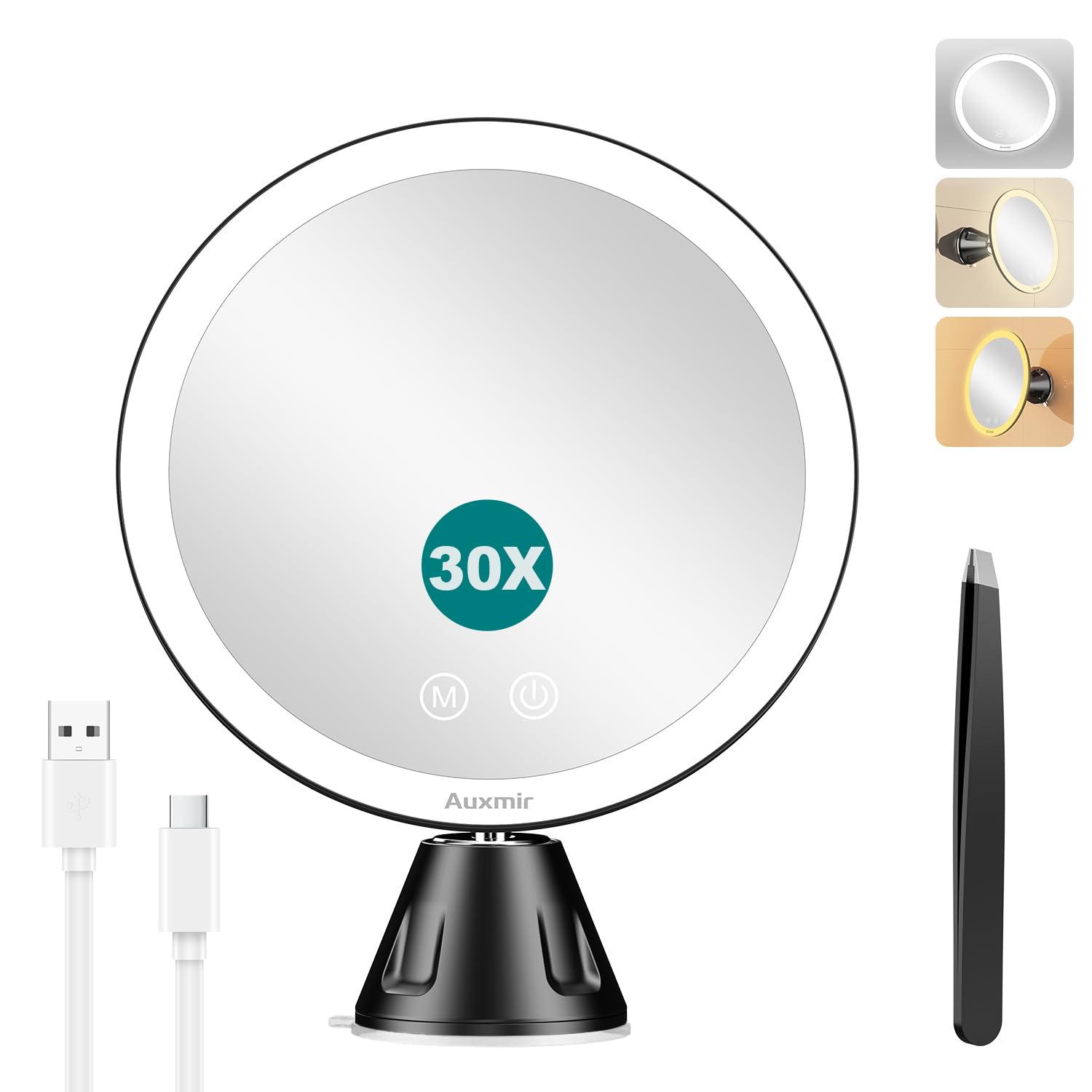 Auxmir Espejo Maquillaje con Luz LED, 30X Espejo Aumento de Baño con Ventosa, 2000 mAh USB Recargable, 360 Rotación, 3 Colores Ajustables, Portátil, para Afeitado Depilación Cejas Viaje, Negro