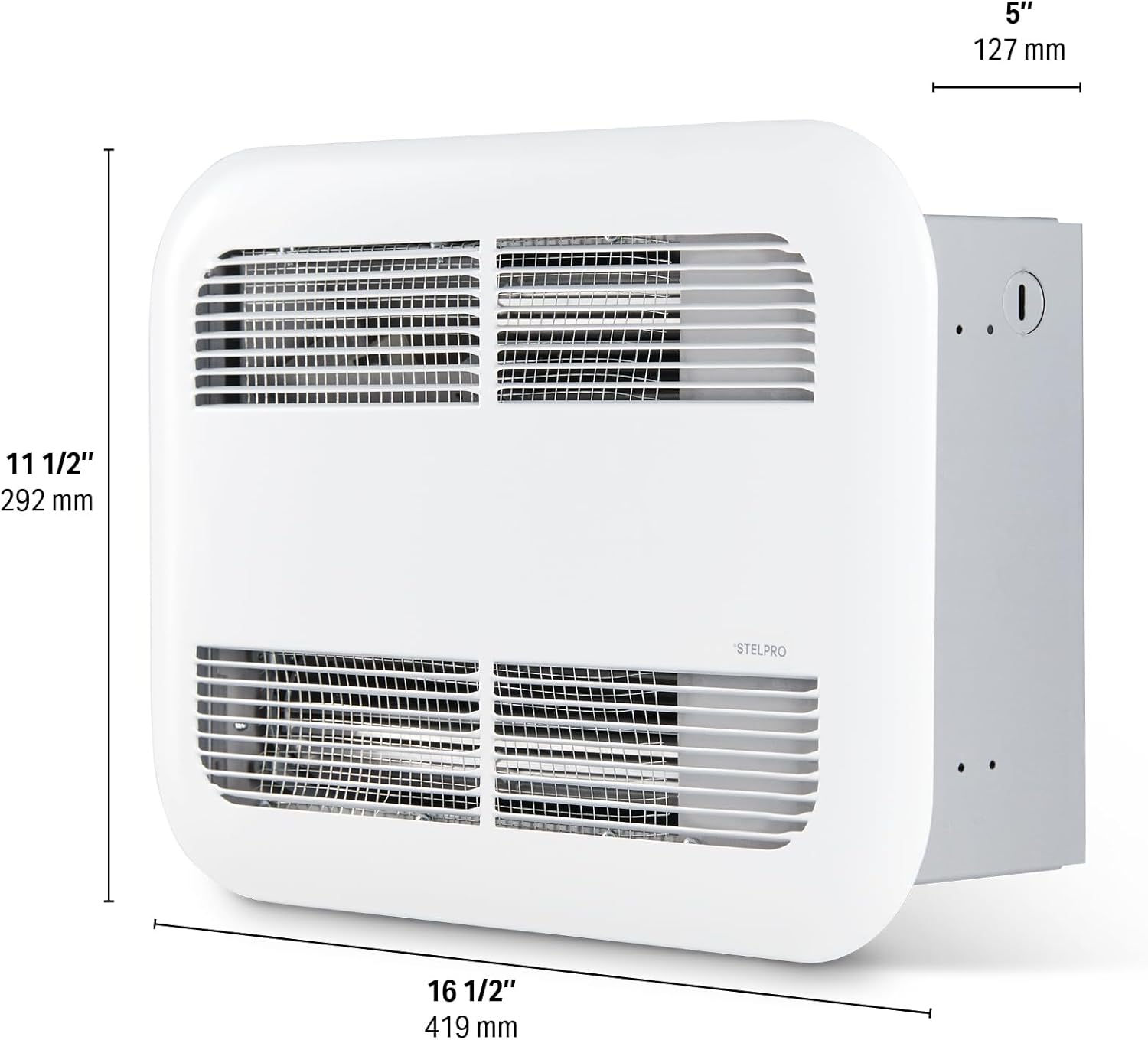 Strana view of Stelpro ceiling heater with dimensions labeled