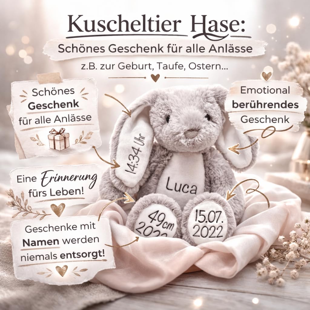 Kuscheltier Hase mit Namen & Geburtsdaten personalisiert – Geschenk zur Geburt, Taufe & Geburtstage, Ostern – Weiches Plüschtier für Babys & Kinder, Rosa Ostergeschenk