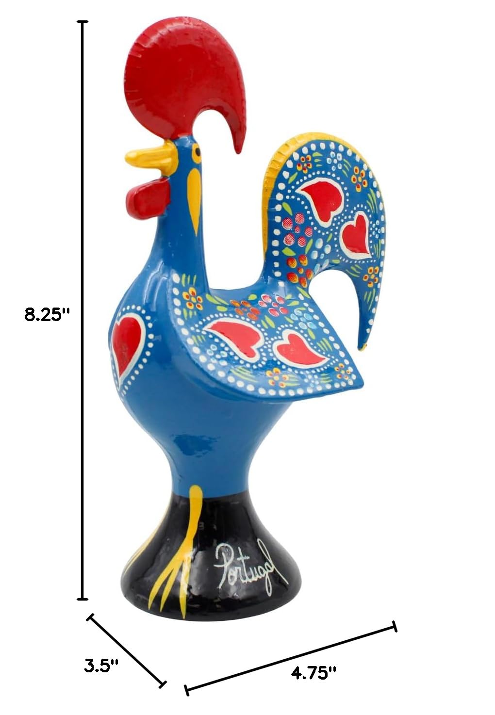 8.25" Traditional Hand-Painted Portuguese Good Luck Rooster Galo Barcelos Metal Figurine - Made in Portugal, Symbol of Good Luck & Prosperity - Collectible Souvenir (Blue)
