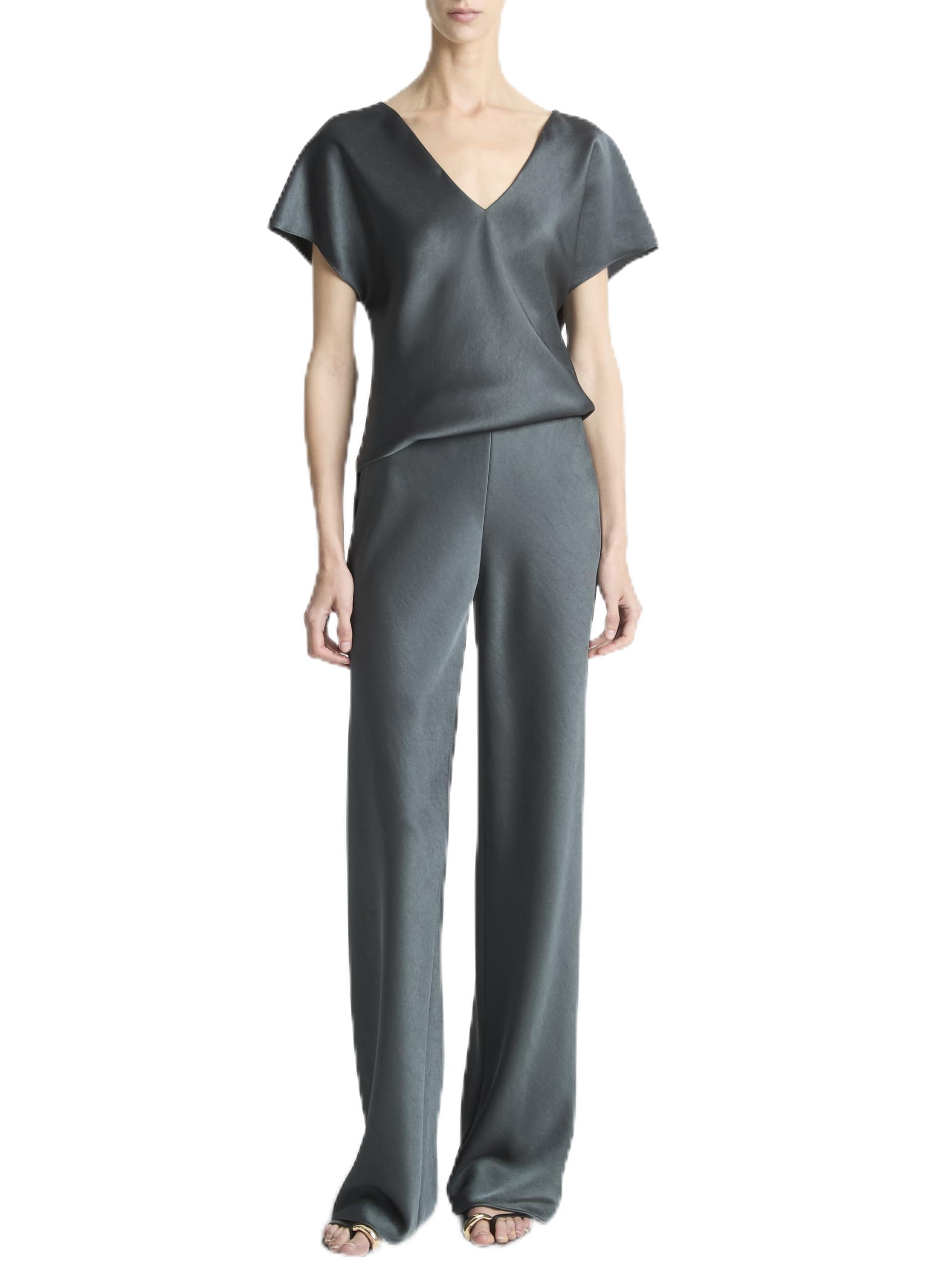 Vince Women's Green Straight Trousers, M, Fluid Satin Bias Pant