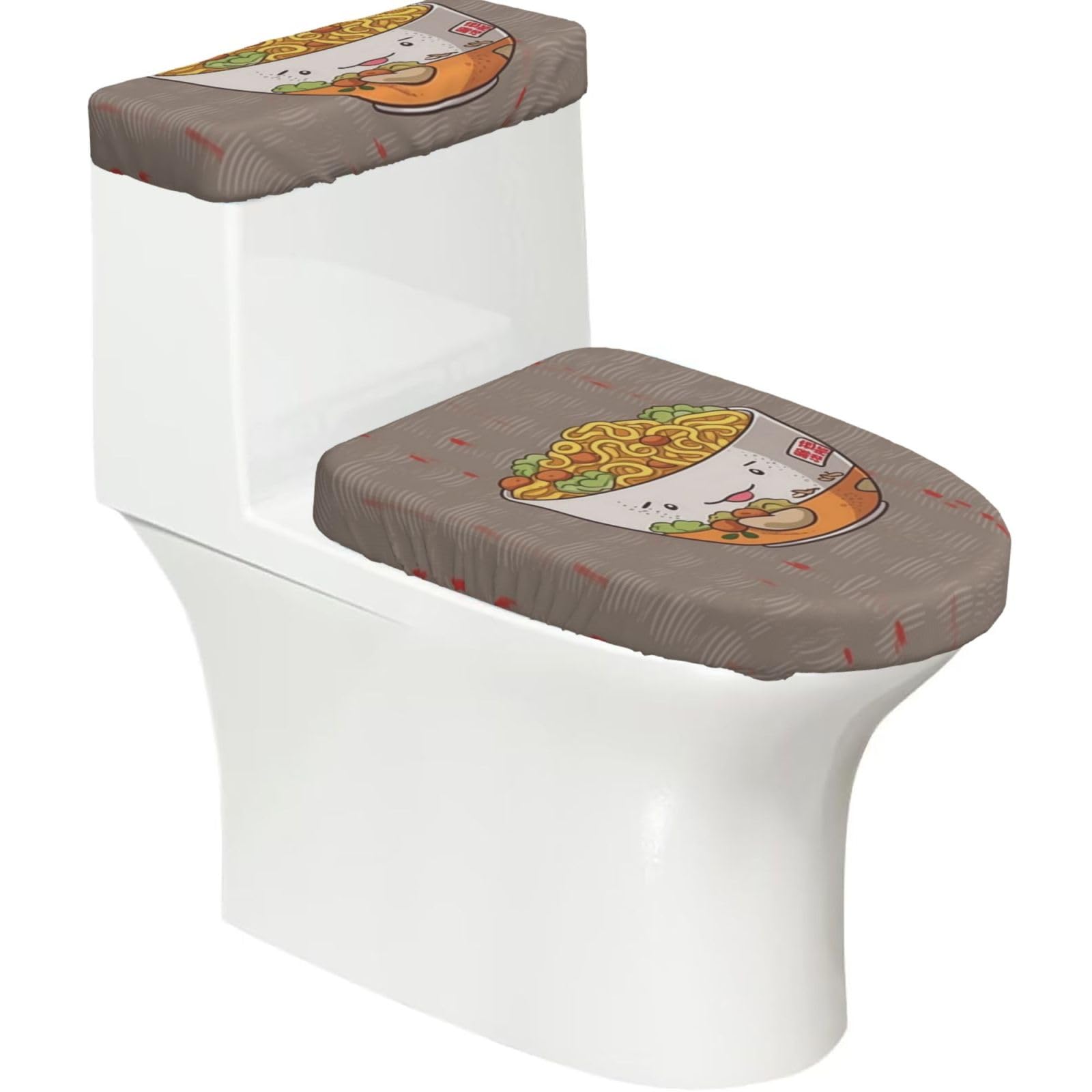 Fekiloot Black Egg Cup Noodle Ramen Toilet Lid Cover And Toilet Tank Cover Set Of 2,Dust Splash Resistant Toilet Top Covers Soft Washable Toilet Lid Seat Cover For Bathroom Office Home Decor