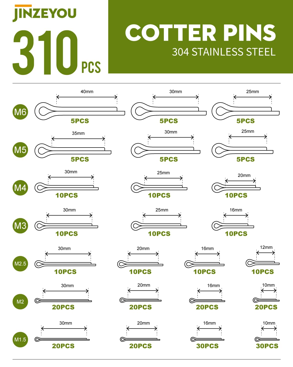 310 Pz Coppiglie Acciaio Inox, Coppiglie Spaccate Cotter Pins, Perni Divisi, Copiglie di Sicurezza Acciaio Inox per Autocarri, Trattori, Tosaerba, Auto, Camper, Meccanici, Garage, Officina