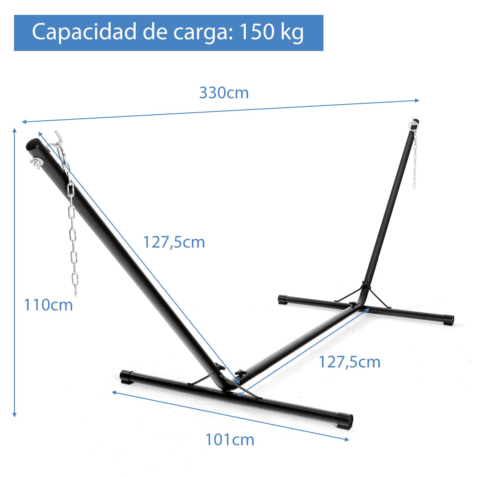 GOPLUS Soporte de Hamaca Universal portátil, Carga máxima 150 KG Material de Hierro, Resistente con Cadena para Colgar, Negro para jardín Camping Balcón, 325 x 100 x 106 CM
