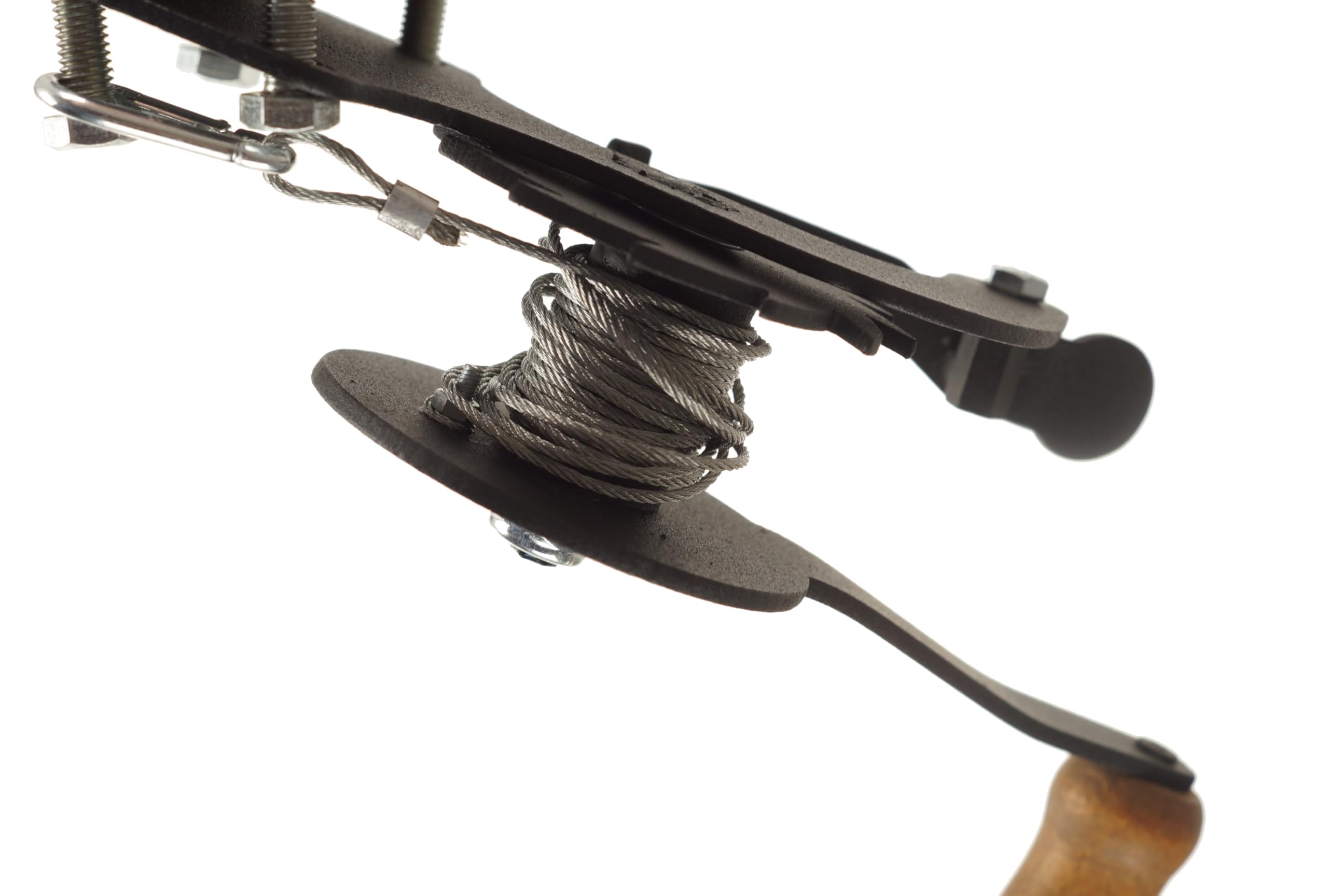 Seilwinde hand mit Kurbel und Karabiner - für Grill Barbecue - Handwinde fuer Schwenkgrill - Handseilwinde klein - Seilzug - Handkurbel - Handwinden - Grillrostwinde aus Stahl - Holzgriff