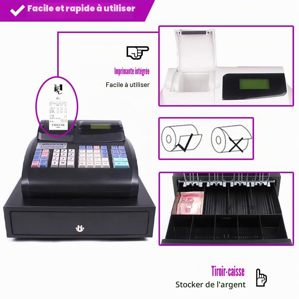 Caisse enregistreuse électronique avec Clavier Plat, Caisse enregistreuse Commerciale à 48 Touches avec Tirelire et imprimante Thermique, pour Centre Commercial,Black