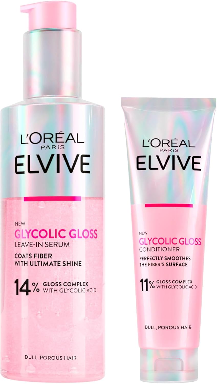 L’Oréal Paris Elvive Glycolic Gloss Elseve Conditioner met Glycolzuur Voor Glanzend en Dof Haar 150ml + Serum Haarverzorging Voor Intensieve Soepelheid en Ultieme Glans 150ml – 2 Flessen