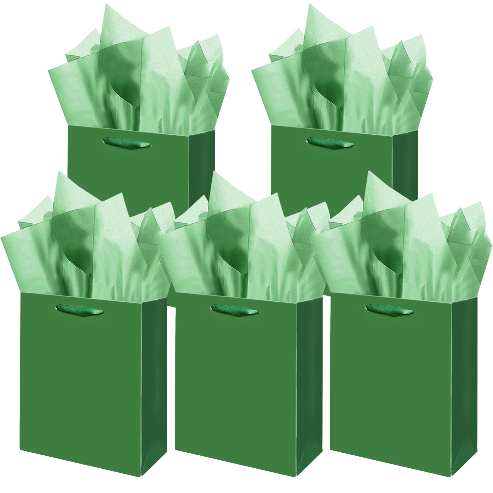 Gcardist Dark Green Gift Bags with Tissue Paper for Wedding, Birthday, Party Supplies-7.9"x4.3"x9.6" Medium Size Cardboard Gift Bags（5pcs Bags + Tissue Paper ）