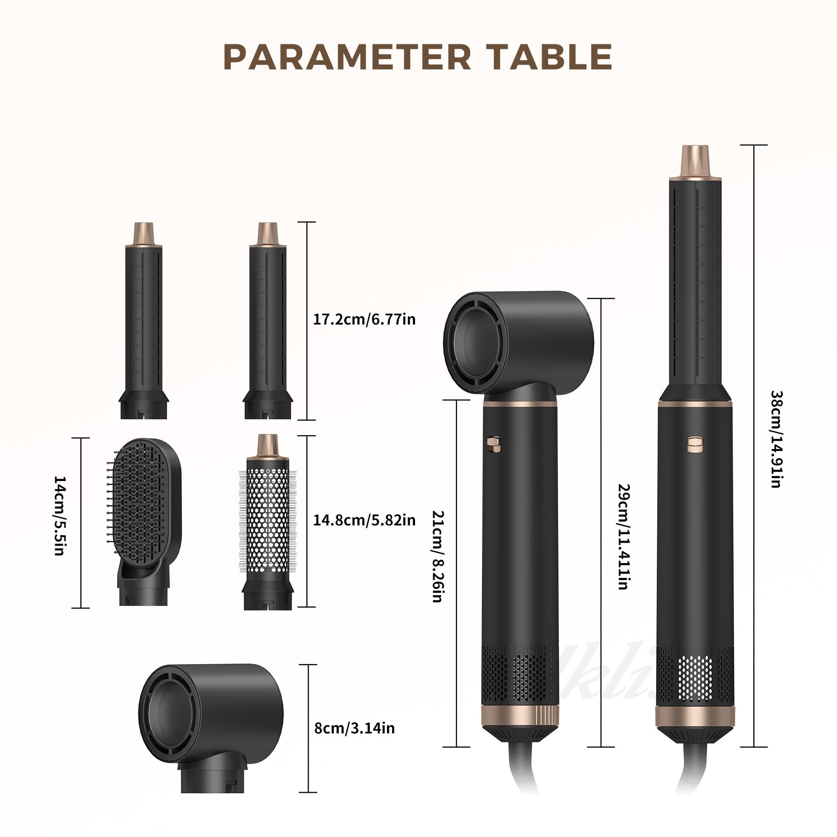Cepillo de aire caliente multifuncional, 4 cabezales intercambiables, secador de pelo y alisador con rotación de 360°, negro y oro rosa