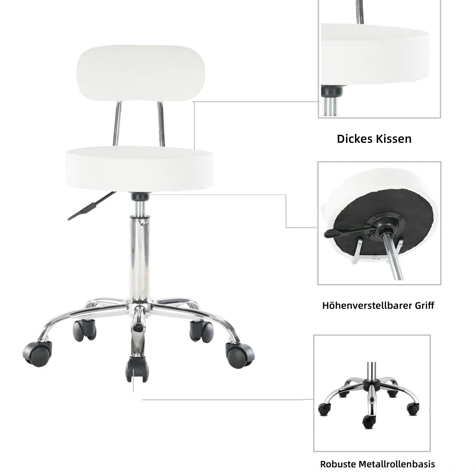 Tabouret de Bureau Tabouret à roulettes avec Dossier,Rotation à 360°,Chaise pivotante Chaise de Bureau Hauteur réglable (Blanc)