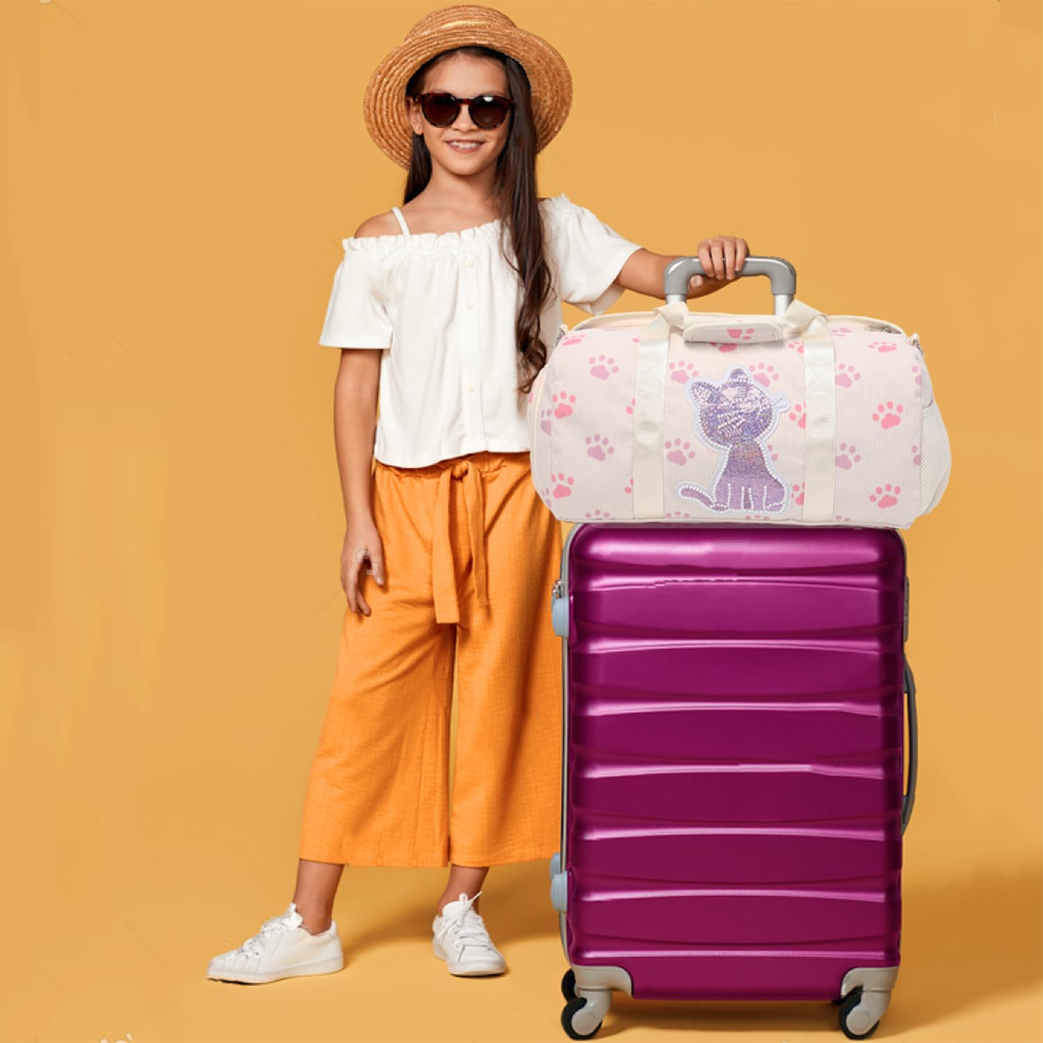 Kimwadalh Sac de Sport pour Filles - Motif Chat, Bandoulière, Danse, Gymnastique avec Compartiment Chaussures et Poche Humide - Tissu Velours Côtelé