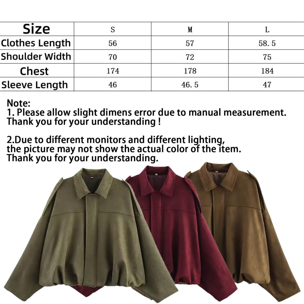 Generisch Chaqueta bomber de ante sintético para mujer, con cremallera, abrigo de piloto con solapa de primavera, ropa de calle casual de manga larga, marrón, M