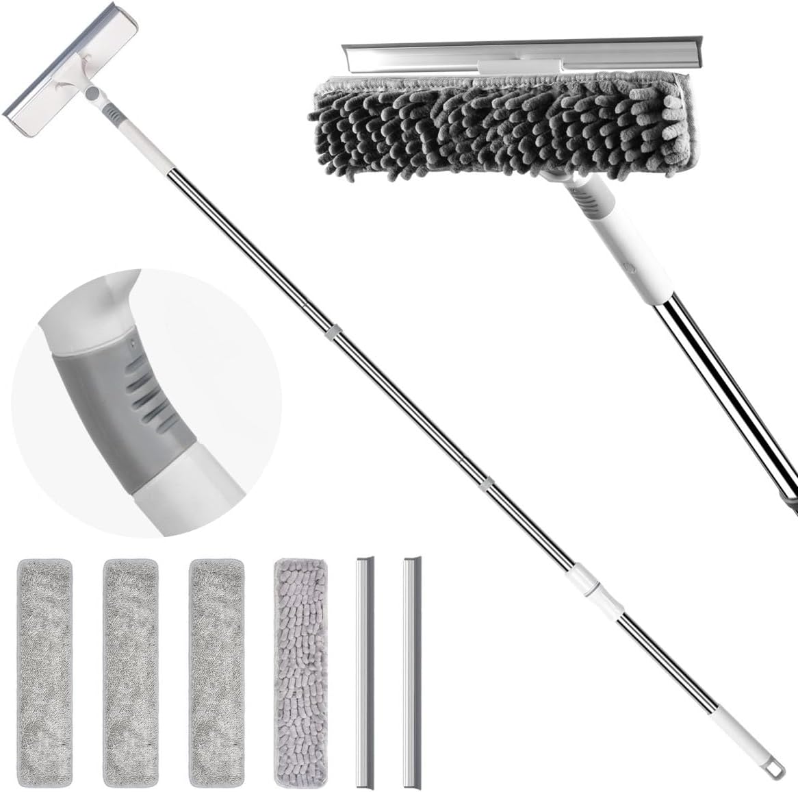 KZKR Adjustable Window Squeegee Cleaner with 2-in-1 Dual Bendable Heads and Extendable Handle, Rotatable Window Cleaning Tool Kit with Detachable Pads, Professional Glass Cleaner for Shower Doors Cars