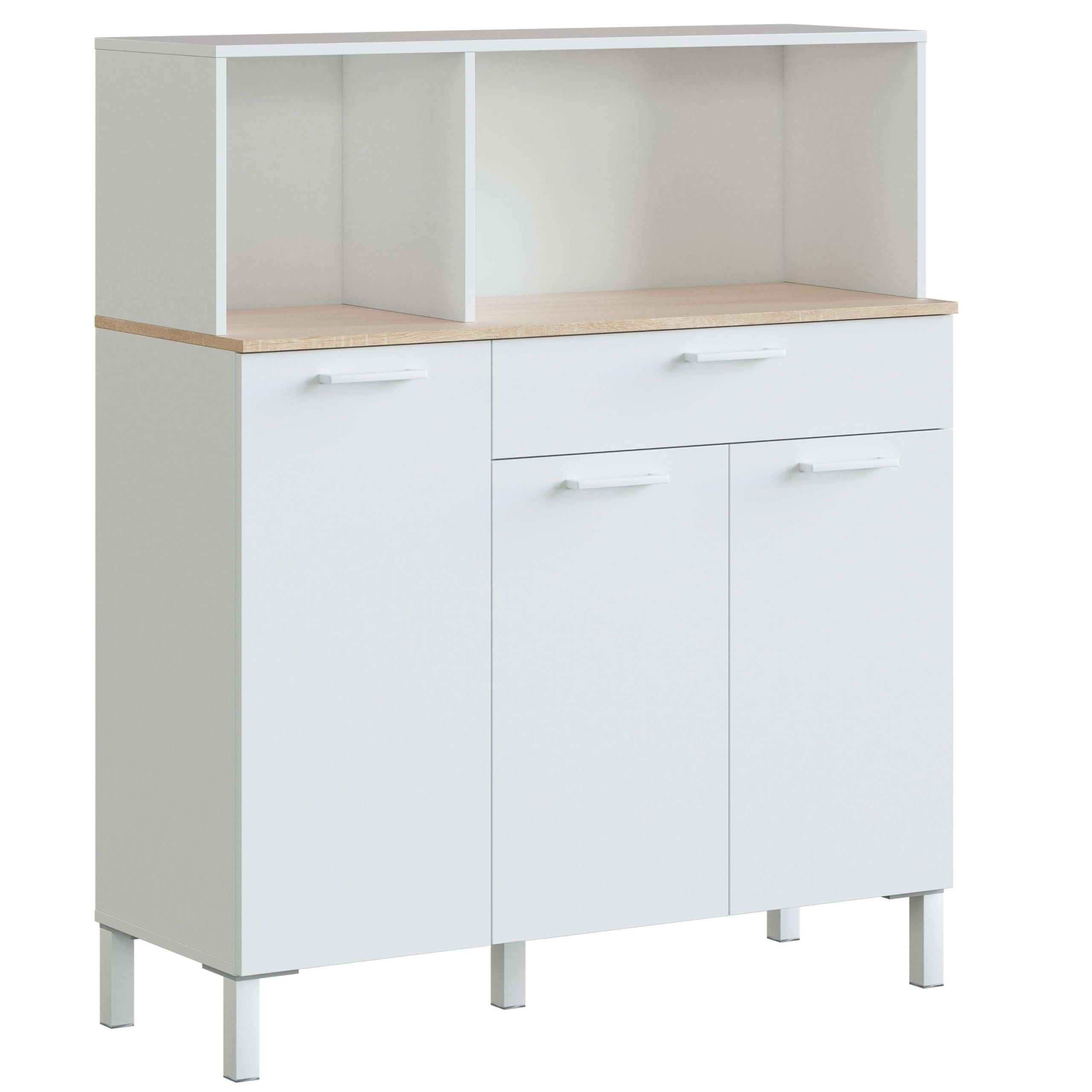 Habitdesign Alacena de Cocina, Aparador Comedor, Mueble Auxiliar 3 Puertas + 1 Cajon y Estante Interior, Color Blanco Artik y Roble Canadian, Medidas: 108 (Ancho) x 126 (Alto) x 40 (Fondo) En cm