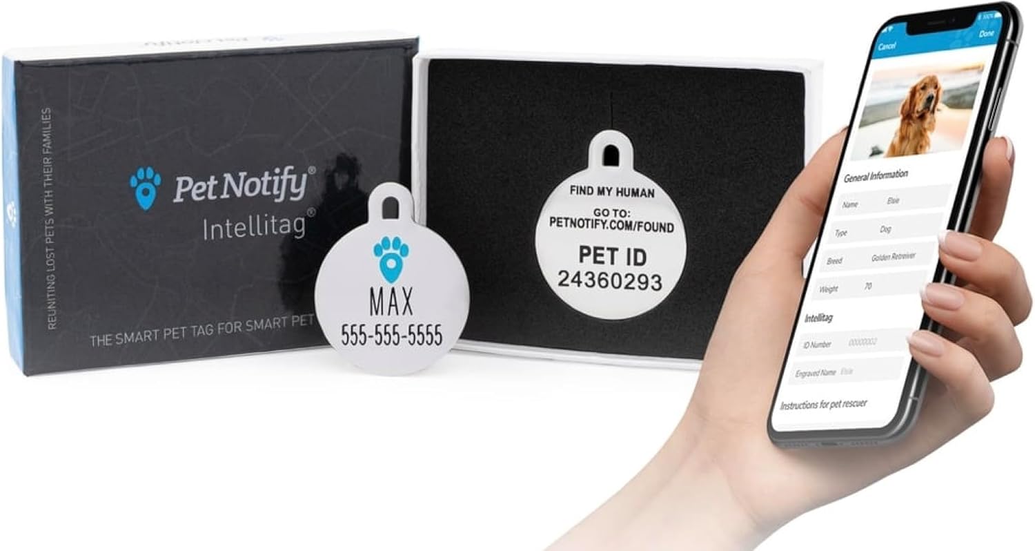 Pet Notify Intellitag – Smart Pet ID Tag Recovery System for Dogs – Personalized Stainless Steel Tag Engraved with Pet Name & Digital ID – Web Enabled Pet Vault App – Large Dog Tag Pet Notify Intellitag – Smart Pet ID Tag Recovery System for Dogs – Personalized Stainless Steel Tag Engraved with Pet Name & Digital ID – Web Enabled Pet Vault App – Large Dog Tag
