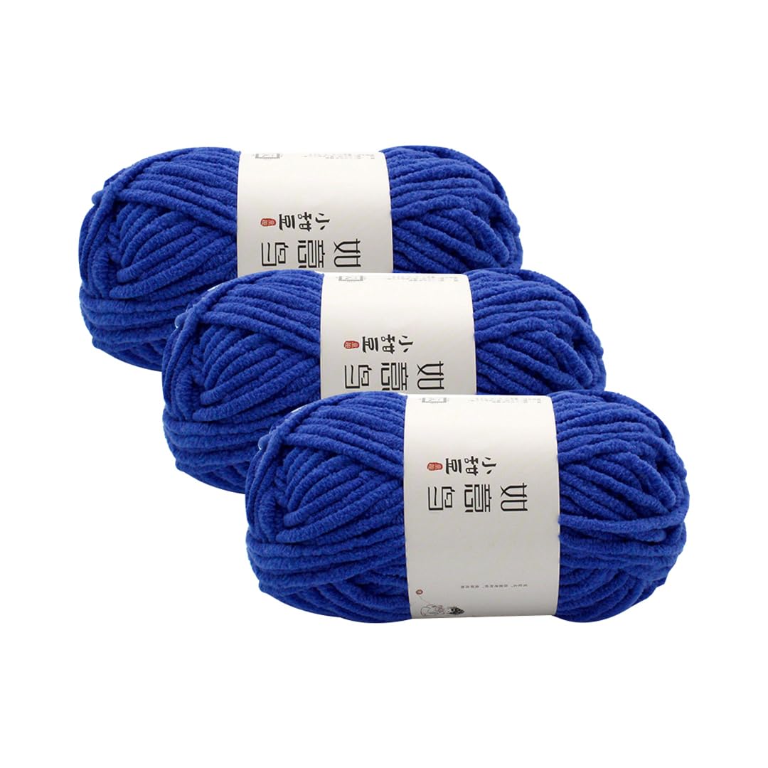 3 Pack Chunky Chenille Soft Yarn for Hand Knitting and Crochet,Bulky Thick Fluffy Plush Yarn for Beginners (55m,55g Each Skein) (Royal Blue)