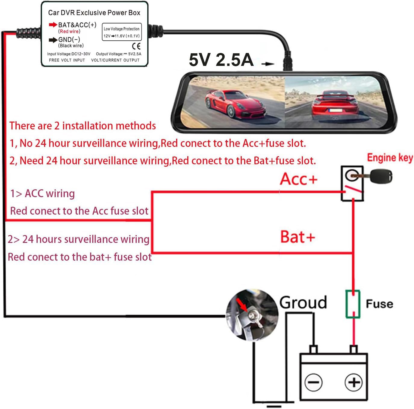 GUZZI zestaw okablowania USB C do kamery samochodowej 12V-24V do 5V/2,5A Ładowarka do kamery samochodowej Przewód zasilający do kamery samochodowej USB typu C, długość 320cm