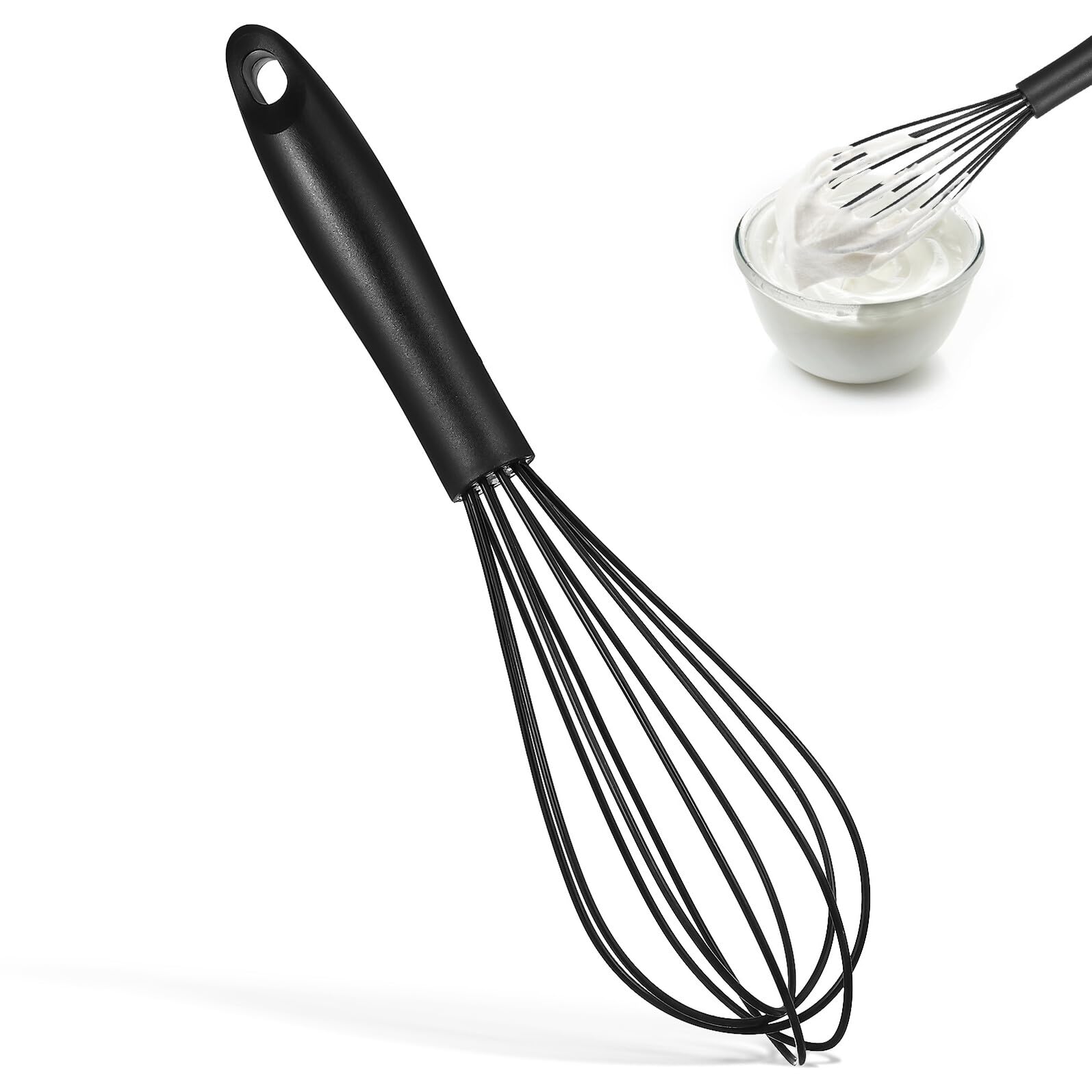 Homoyoyo Fouet à Ballon en Silicone Noir Manche Confortable et Acier Inoxydable 430, Ustensile Cuisine Multi-Fonctionnel pour Mélanger et Fouetter Facilement