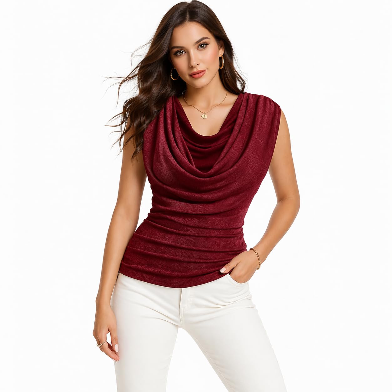 ootdfy Women’s Cowl Neck Sleeveless Top | Draped Front Elegant Party & Casual Blouse | Slim Fit Stretch Tank Top for Office, Evening-picture-44