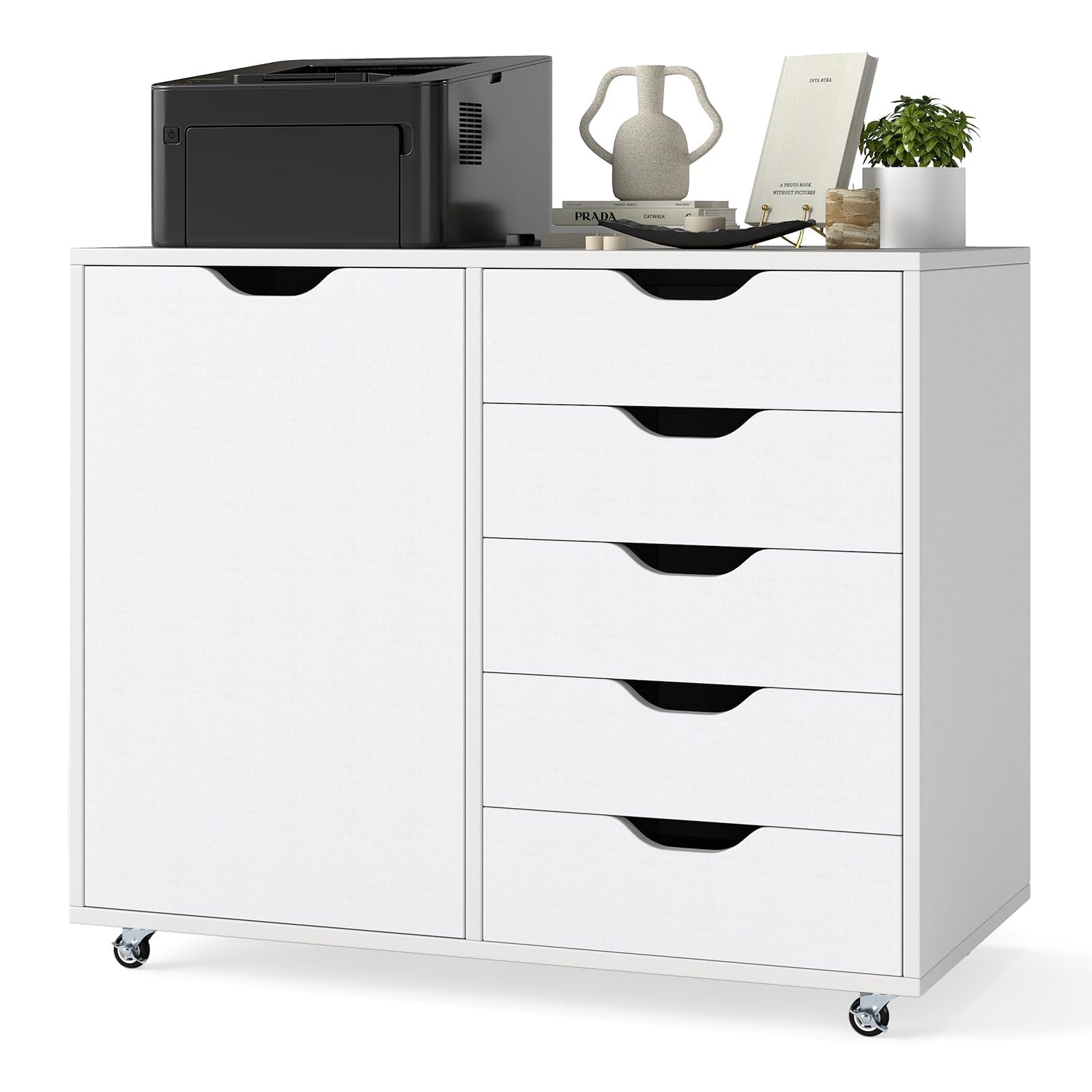 Organizador Escritorio Archivador Móvil, 4/5 Cajones Laterales, Organizador De Papelería, Baúl Con Ruedas Y 1/2 Puertas, Archivador Lateral Con Soporte Para Impresora(White-5 Drawers)