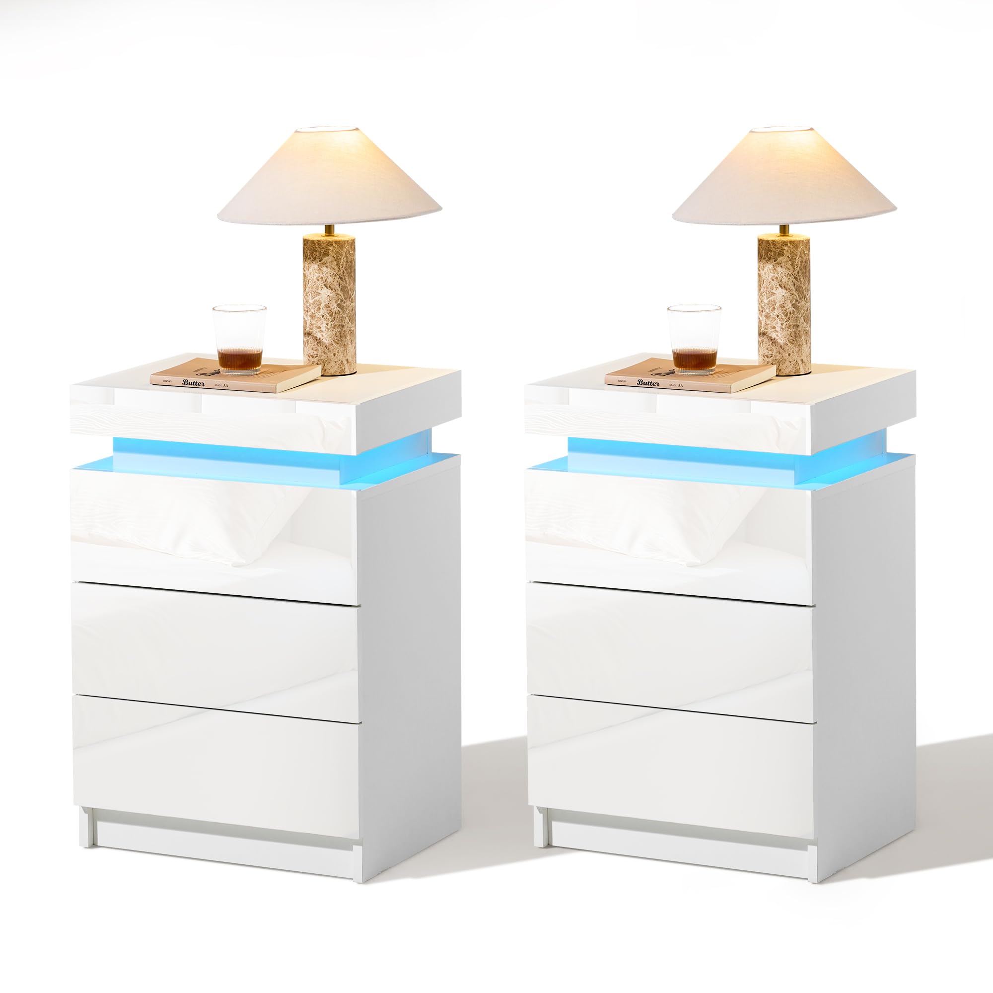 CLIPOP Bedside Tables Set of 2 with WiFi LED Lights, High Gloss Front Side Table with 3 Drawers and Top Storage Cabinet, Modern Smart LED Nightstand for Bedroom Living Room, White, 2PCs