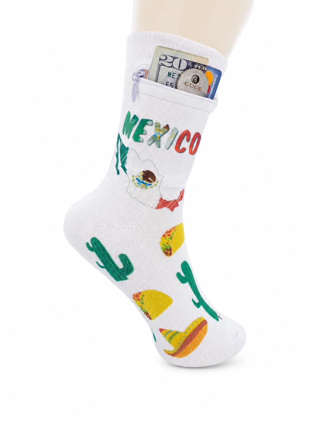 Zipper Sock Wallet - Cotton &amp; Polyester Zipper Socks with Pockets - Fits shoe size 6-13
