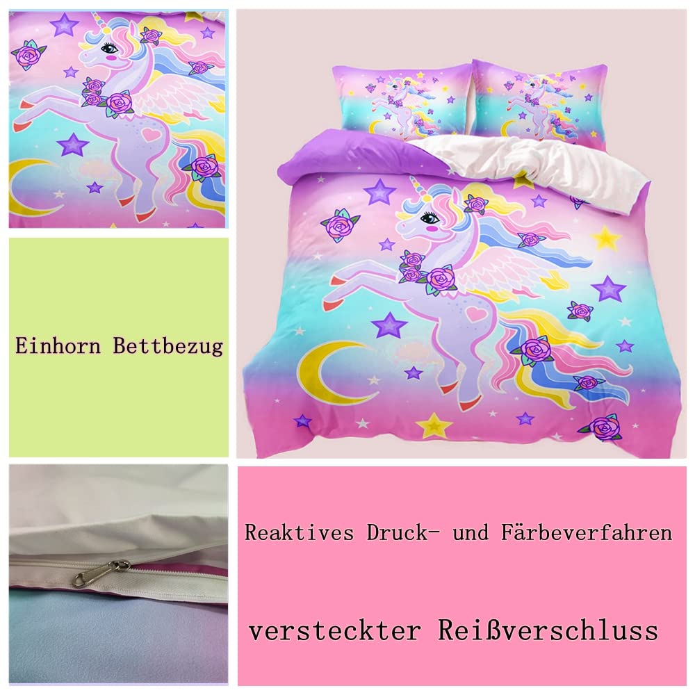 AOXHFNV Pink Unicorn Duvet Cover, Cute Unicorn Girls Children's Bed Linen 135 x 200 cm With 2 Pillowcases (200 x 200 cm, Pink) - Image 3