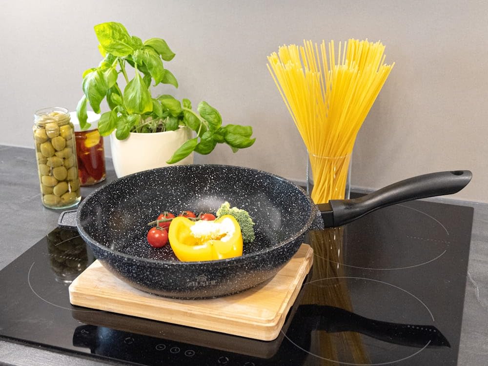 Lot de 17 Casseroles et Poêles, Revêtement Marbre et Céramique, Noir | Couvercles en verre, antiadhésif, tous feux dont induction, gaz, électrique, vitrocéramique, aluminium, poignées isolantes