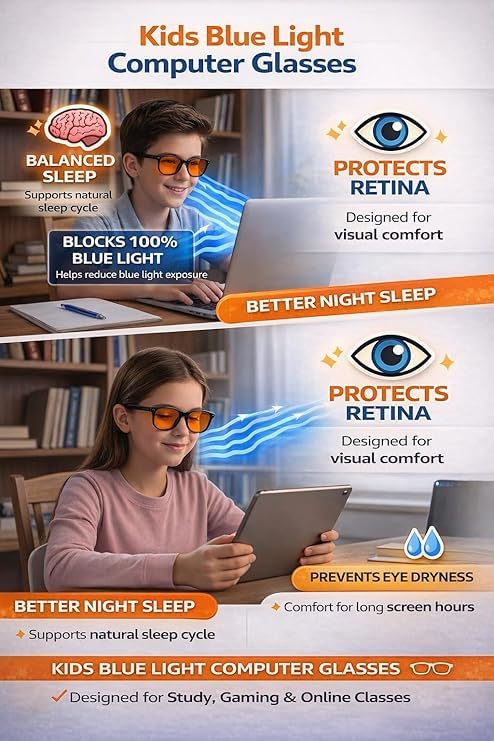 Image of Kids Amber Tinted Computer Glasses for Boys & Girls Age 8-15 Years | Zero Power Kids Eyewear | Lightweight TR90 Frame | CR39 Amber Lenses | For Study, Laptop, Tablet, Mobile & TV Time