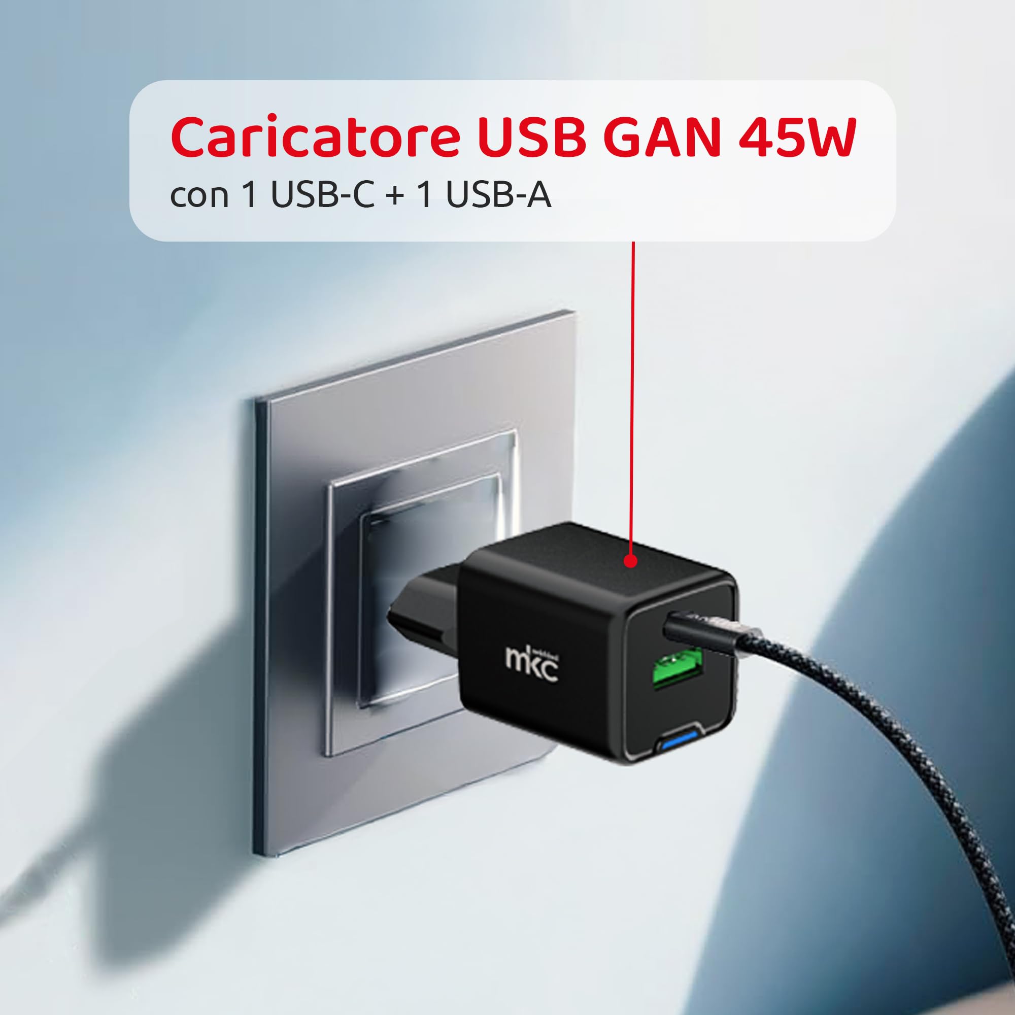 Caricatore Gan 45W MKC USB-C Power Delivery, Alimentatore rapido compatto per iPhone Samsung Tablet